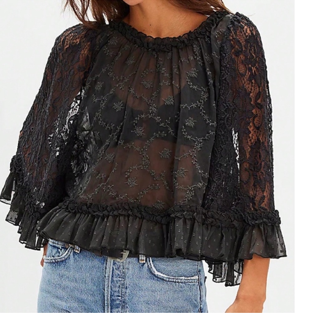 Boho Floral Semi Sheer Loose Fit Ruffle Hem Blouse S M L